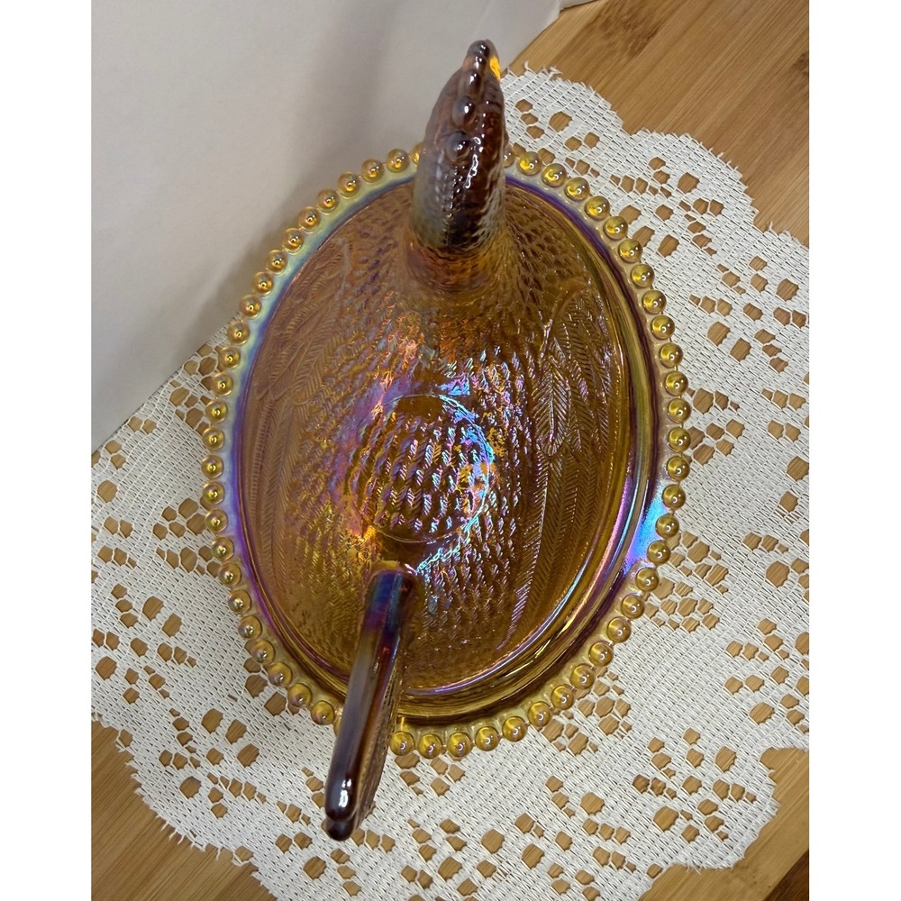 Indiana Glass Amber Carnival Glass Hen on Nest Beaded Candy Dish Vintage - Picture 14 of 16